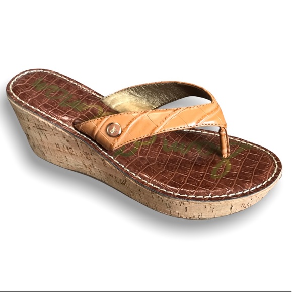 Sam Edelman Shoes - Sam Edelman Cork Platform Alligator Thong Sandals Brown Tan Sz 9.5